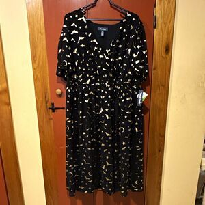 ModCloth 2X Black Gold Bat Print V-Neck Ruched Chiffon Midi Flutter Dress